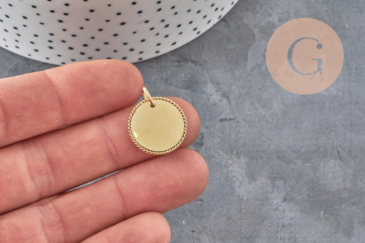 Pendentif médaille ronde tressée acier 304 inoxydable doré personnalisable 18mm, x1 (G11376)-Breloques et pendentifs-Gingerlily Perles
