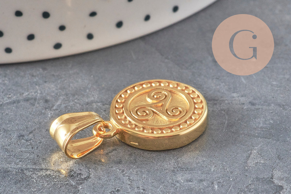 Pendentif médaille triskel acier 304 inoxydable doré IP 22.5mm, x1 (G11359)-Breloques et pendentifs-Gingerlily Perles