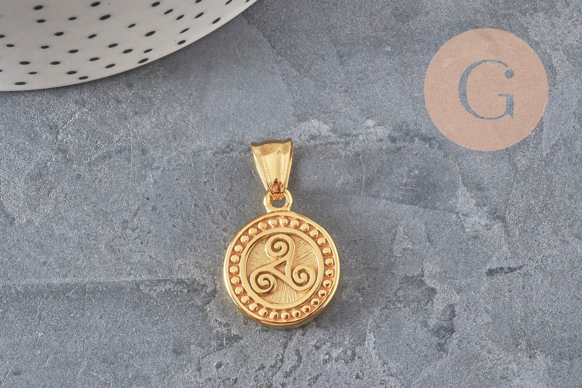 Pendentif médaille triskel acier 304 inoxydable doré IP 22.5mm, x1 (G11359)-Breloques et pendentifs-Gingerlily Perles