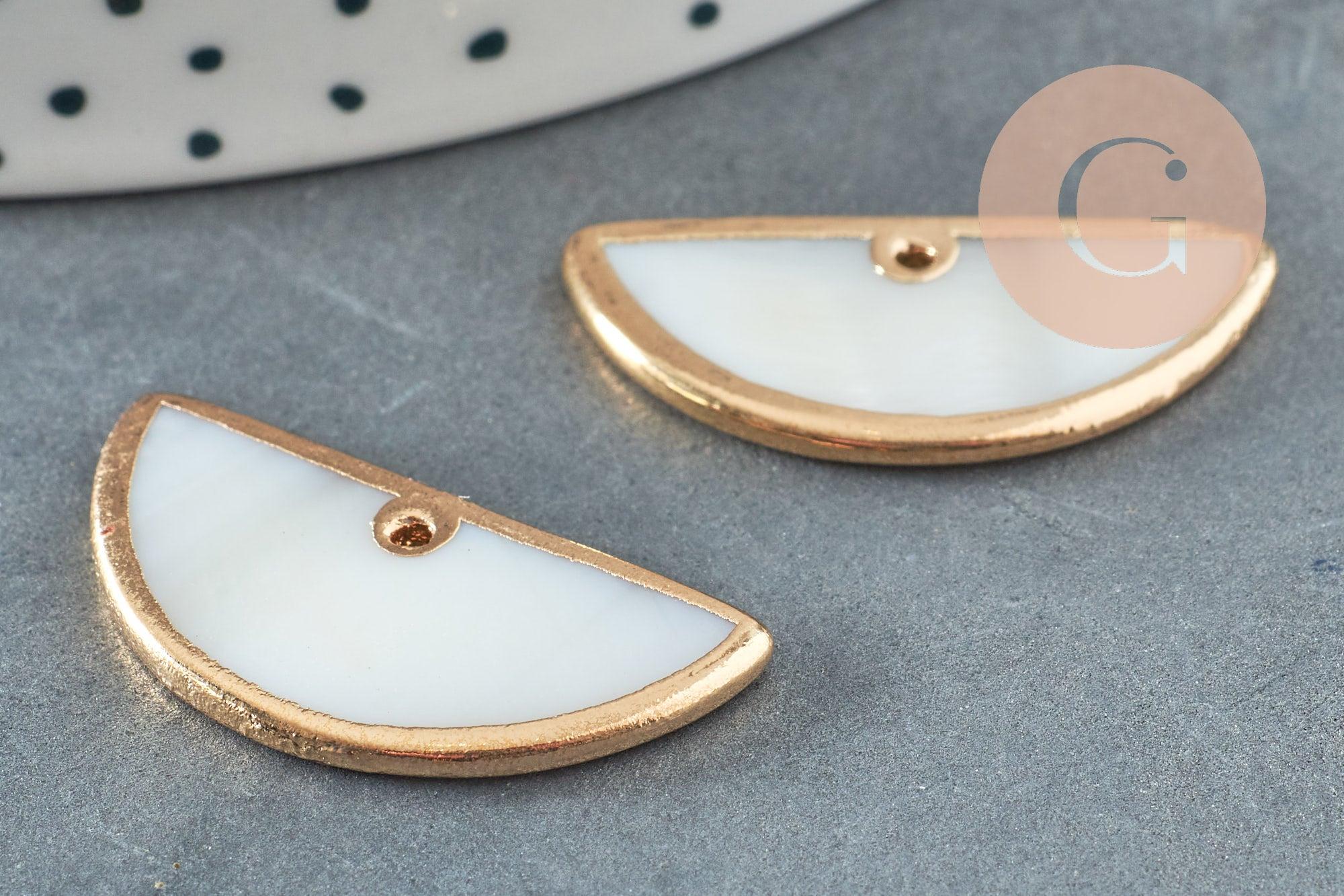 Pendentif nacre blanche naturelle doré demi-cercle,pendentif rond nacre,coquillage blanc, 30mm, x2 G2716