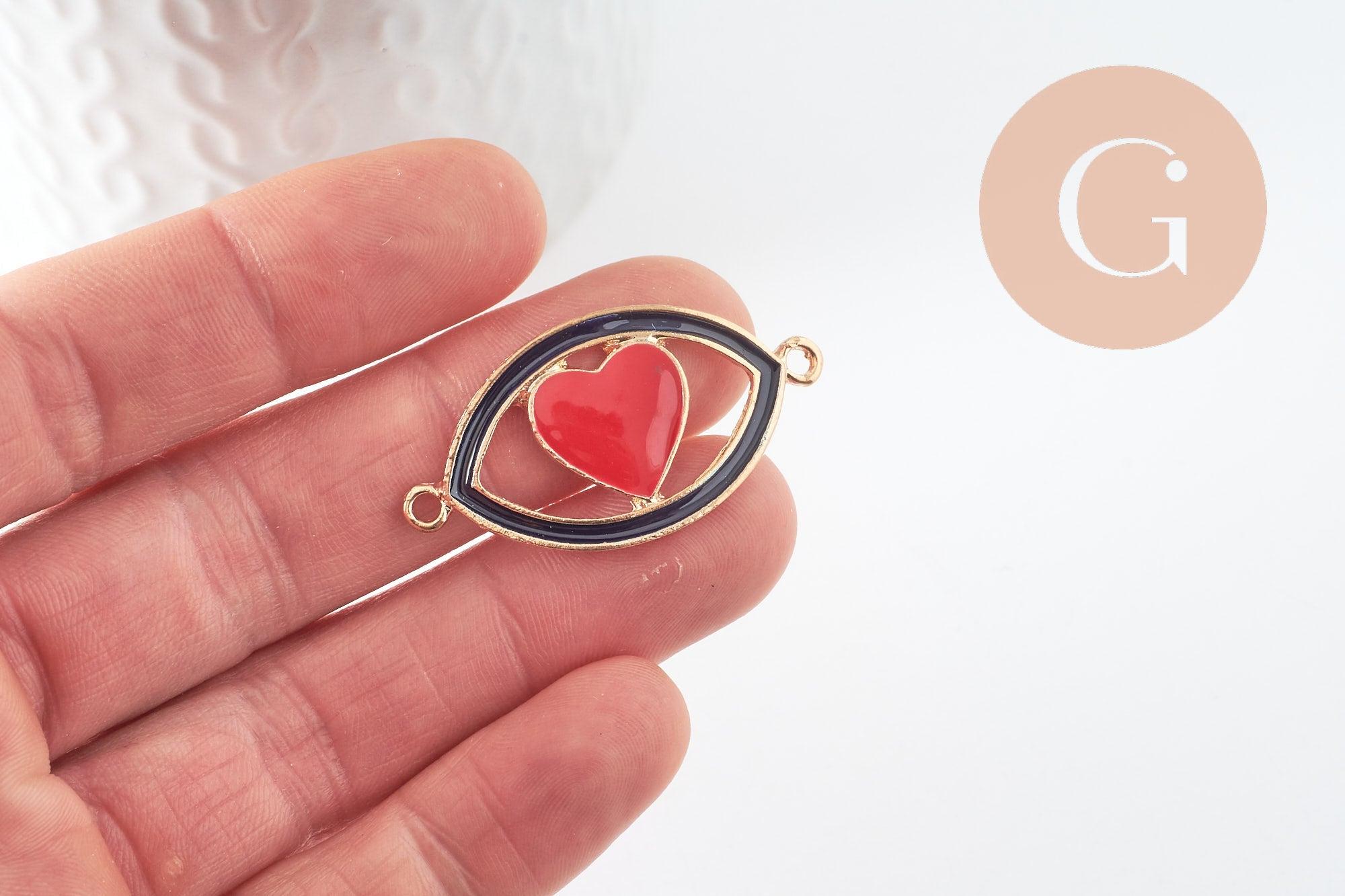 Pendentif oeil coeur doré émaillé, pendentif doré, porte-bonheur,mauvais oeil,laiton doré,4.5cm x1 (G1965)