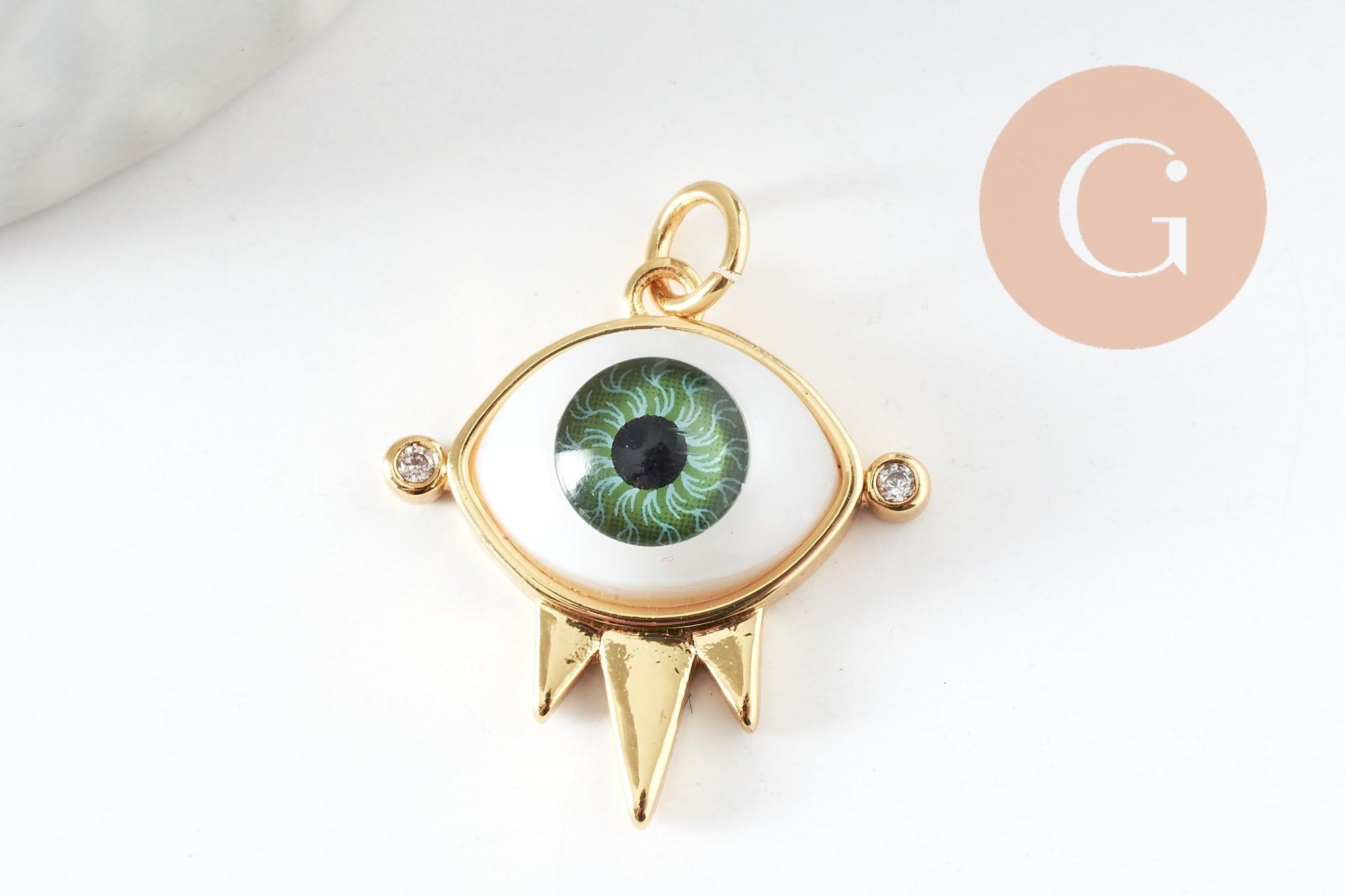 Pendentif oeil résine laiton doré 20K 21mm, x1 (G6198)