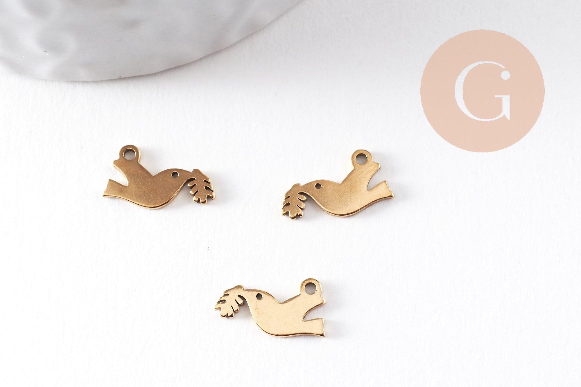 Pendentif oiseau Colombe acier 201 inoxydable doré 12mm, x1 (G10005)