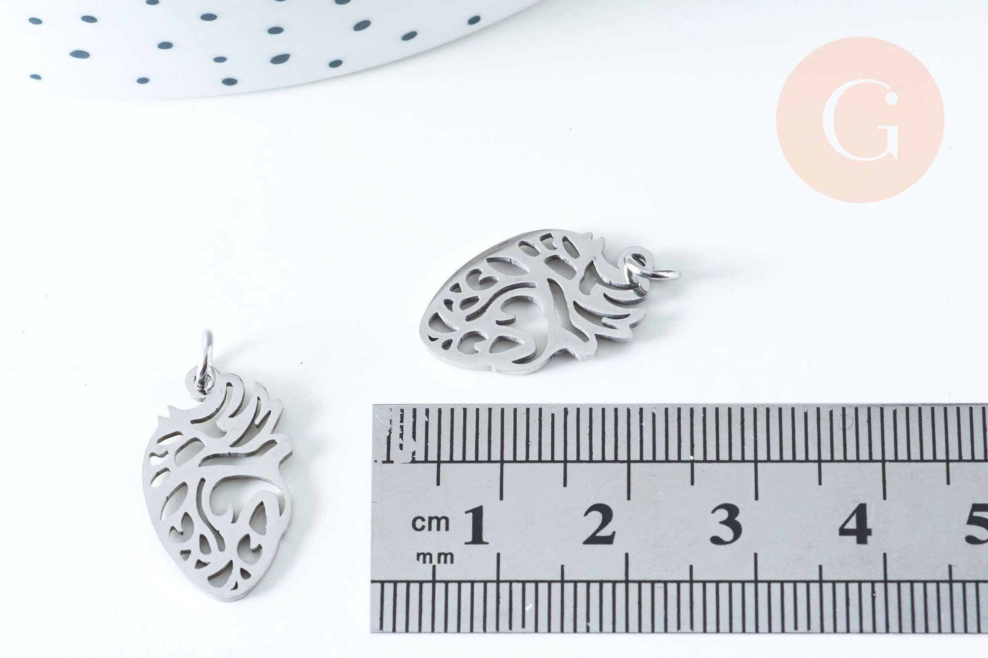 Pendentif organe coeur évidé en acier argenté 20mm, acier inoxydable,pendentif sans nickel, création bijoux, x1 G6349