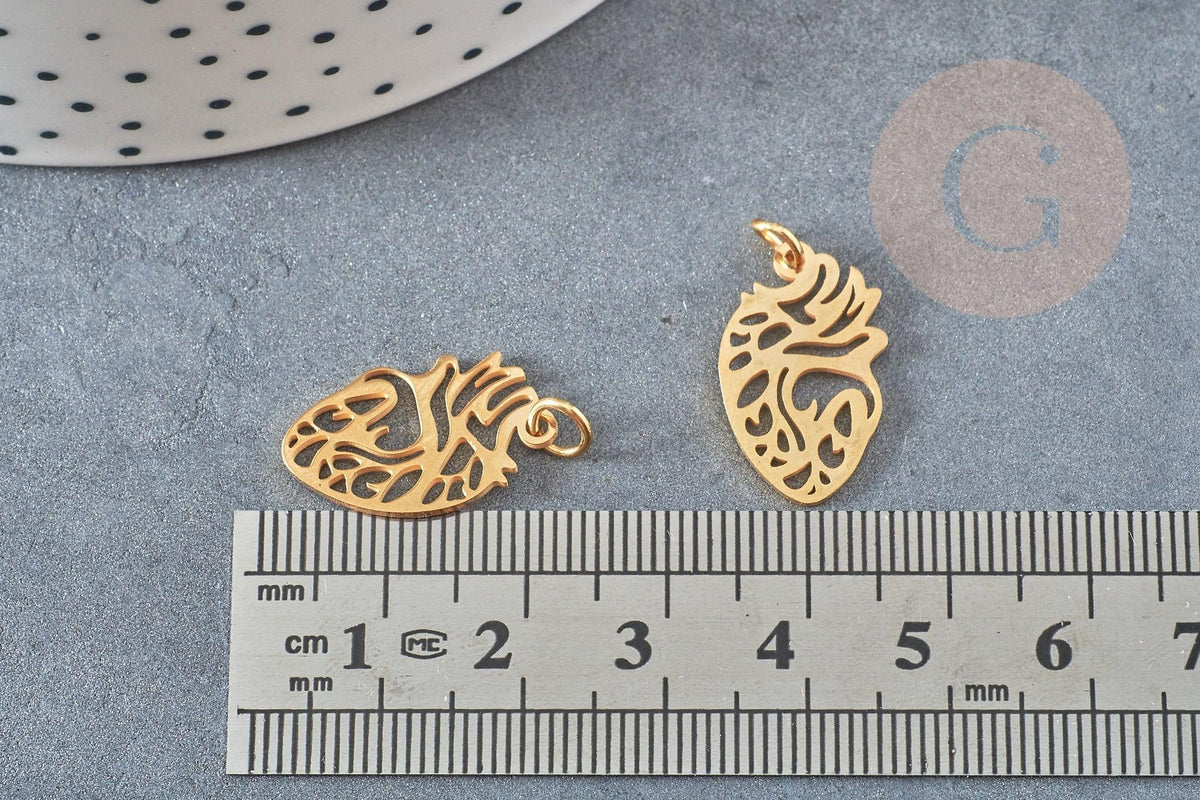 Pendentif organe coeur évidé en acier doré 20mm, breloque doré, acier inoxydable doré, pendentif sans nickel, x1 G7784
