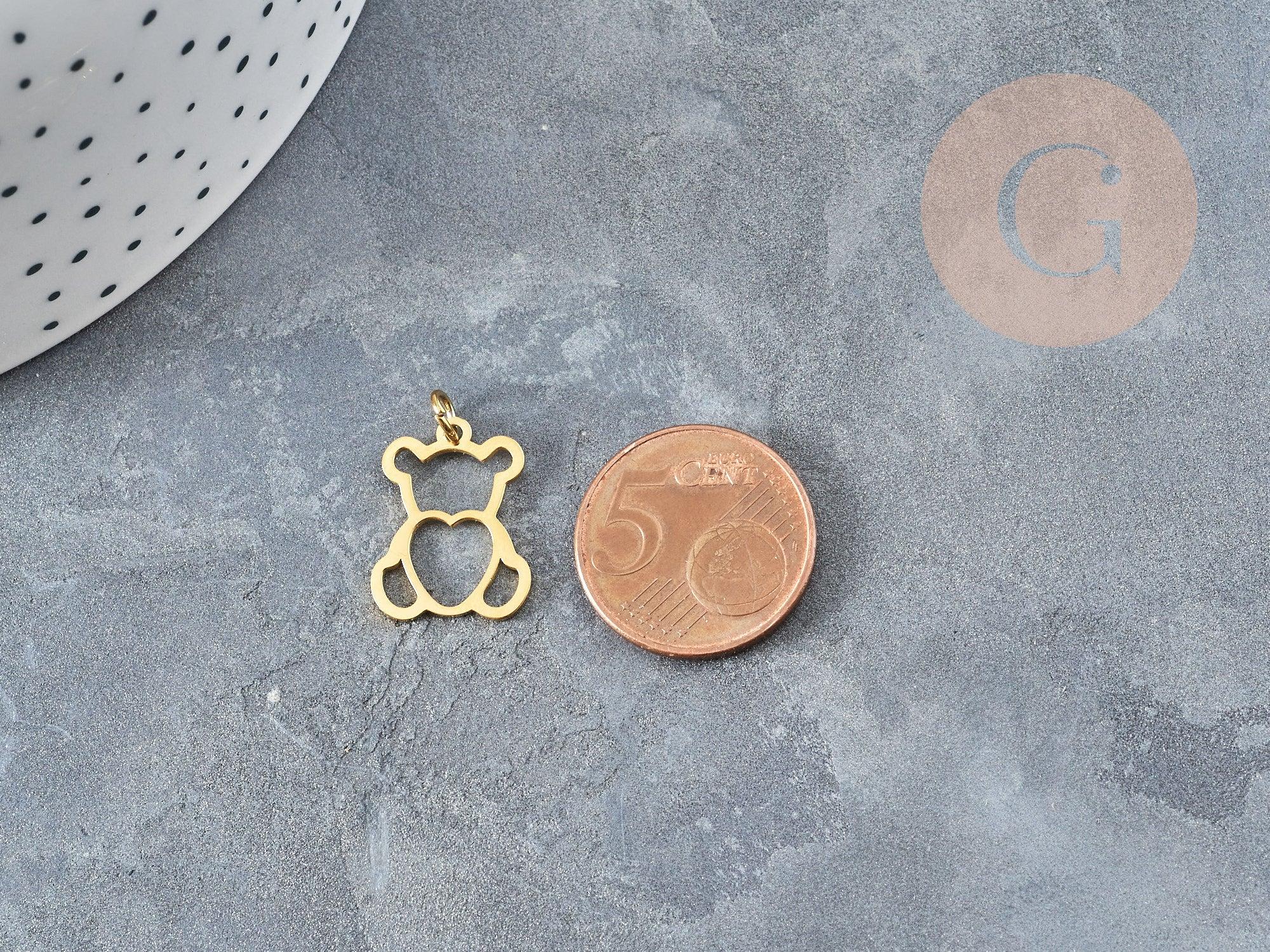 Pendentif ourson cœur acier 201 inoxydable doré 18mm, x1 (G5735)