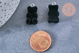 Pendentif ourson floqué velours noir résine platine, pendentif enfance, x2 (G6644)