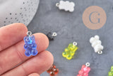 Pendentif ourson résine colorée platine 21mm, x10 (G4987)