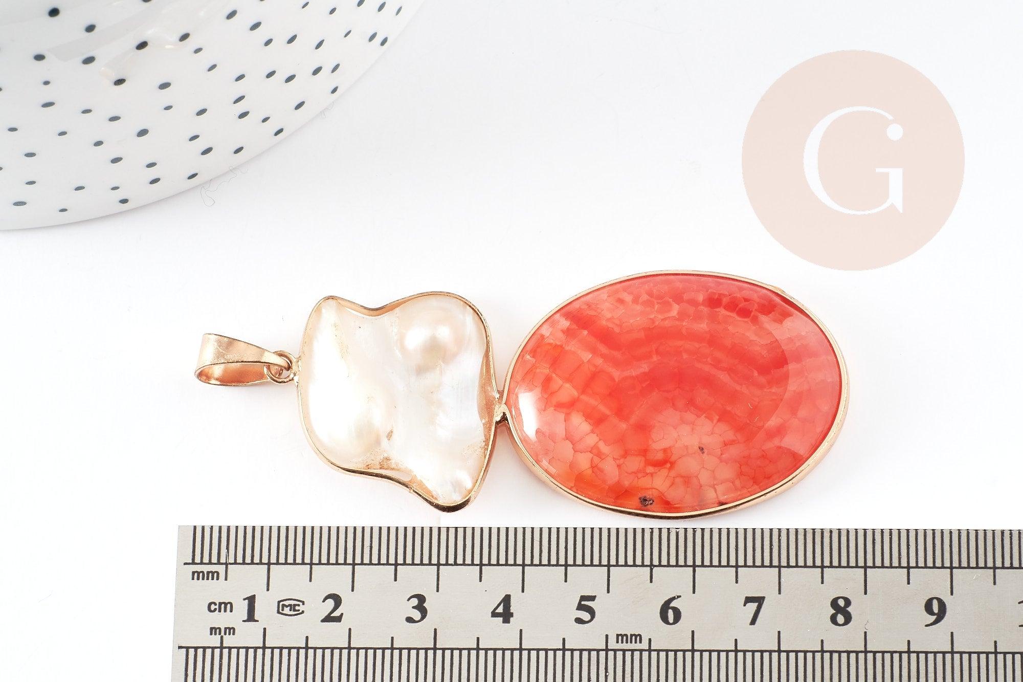 Pendentif ovale agate naturelle colorée et perle nacre 62-63mm, x1 (G2038)
