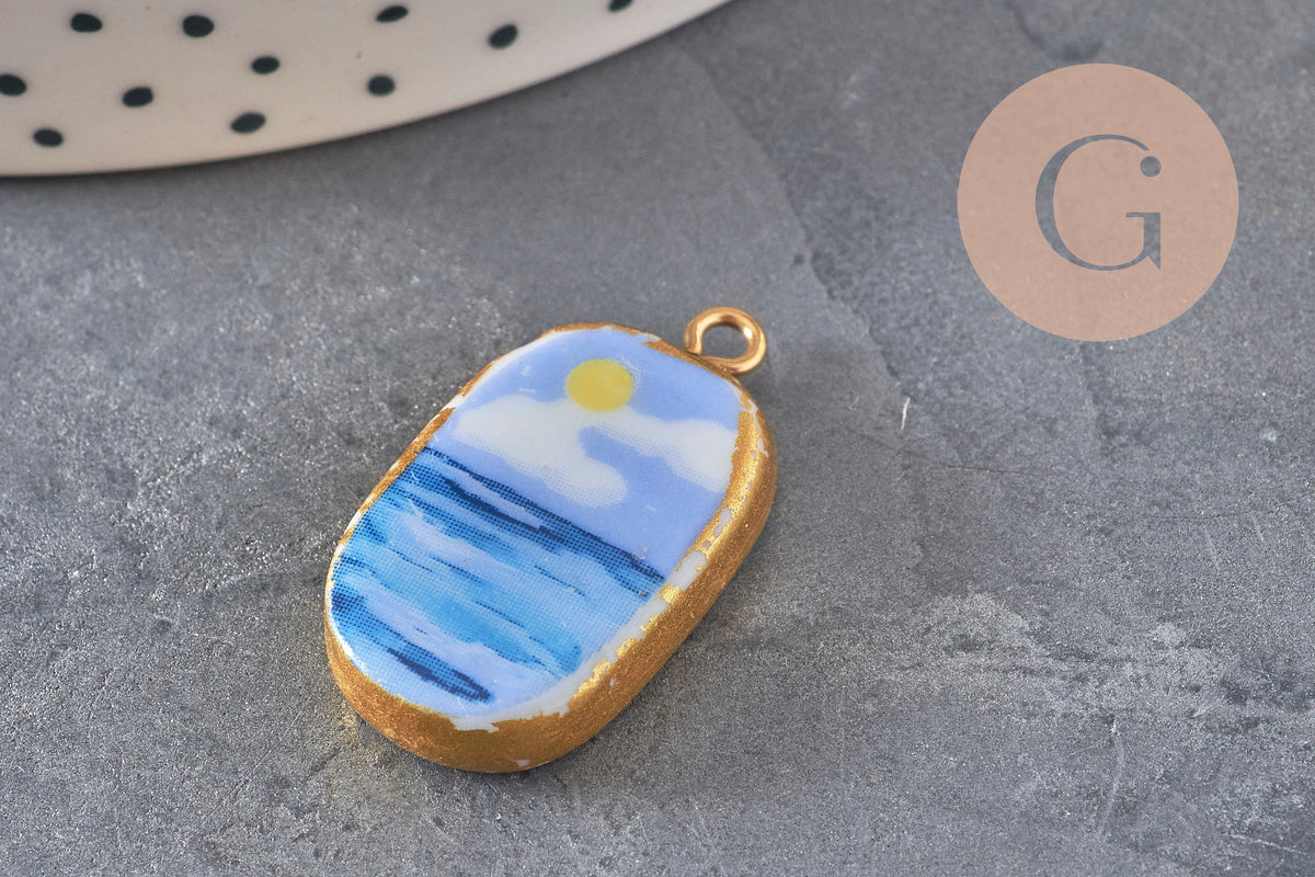 Pendentif ovale céramique acier inoxydable doré PVD 16mm, x1 (G11304)