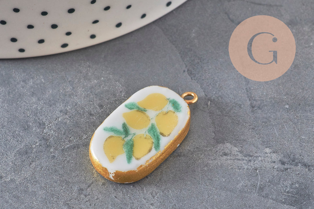 Pendentif ovale céramique acier inoxydable doré PVD 16mm, x1 (G11304)