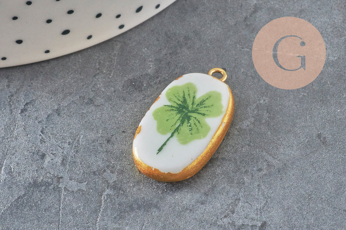 Pendentif ovale céramique acier inoxydable doré PVD 16mm, x1 (G11304)-Breloques et pendentifs-Gingerlily Perles