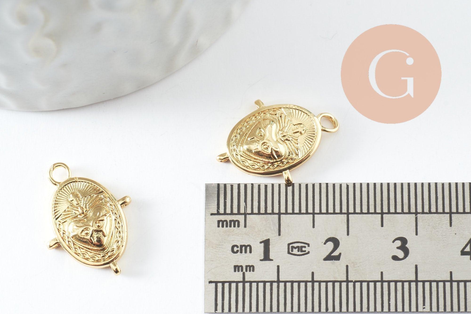 Pendentif ovale coeur ex-voto laiton doré avec 3 anneaux 18mm, x1 (G10017)
