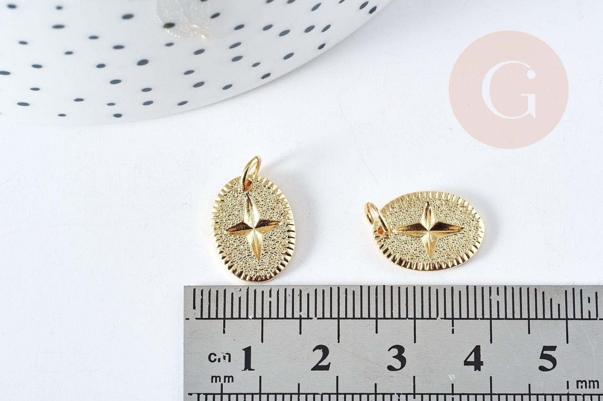 Pendentif ovale étoile doré laiton avec anneau de jonction 18.5mm, pendentif doré pour création bijoux DIY, x1 G8864