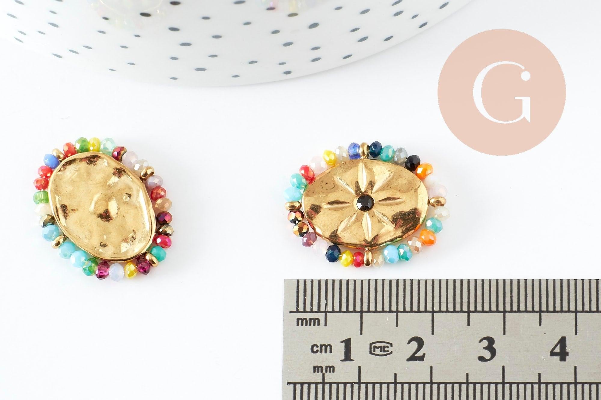 Pendentif ovale fleurs et perles acier 304 inoxydable doré 23mm, x1 G9404