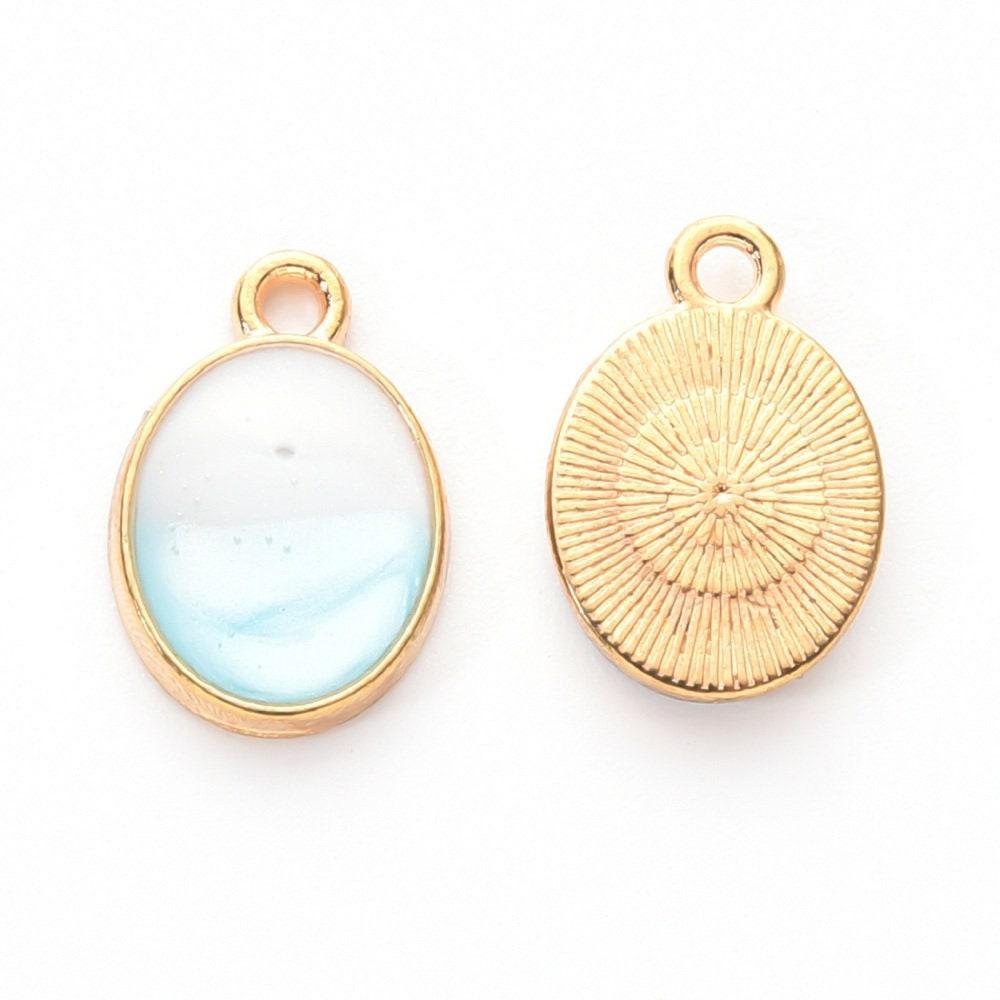 Pendentif ovale zamac doré bleu 24.5mm, pendentif création bijoux doré, x1 (G6248)
