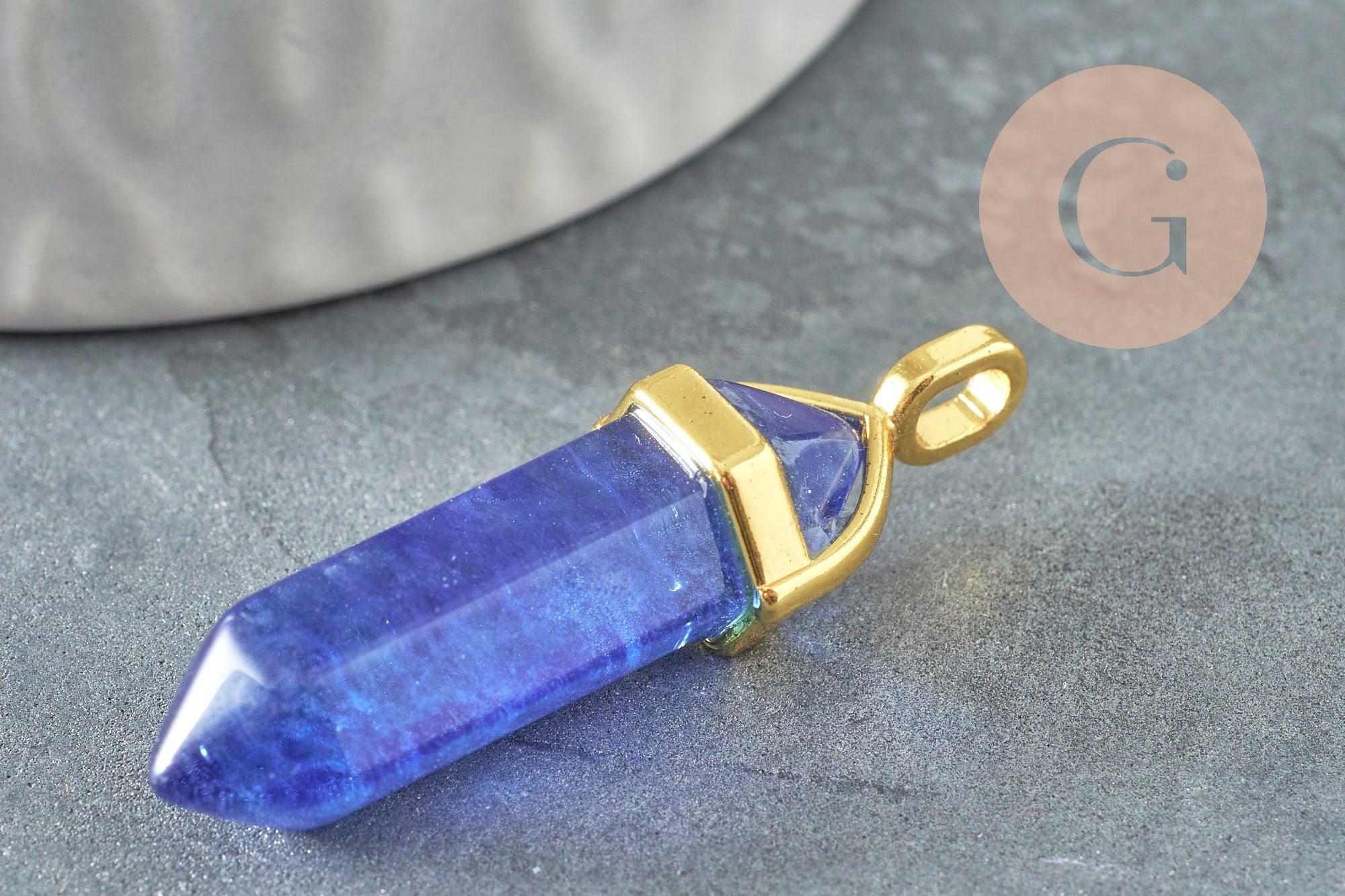 Pendentif pointe pierre watermelon bleue zamac doré 40mm, création bijoux pierre, x1 G5165