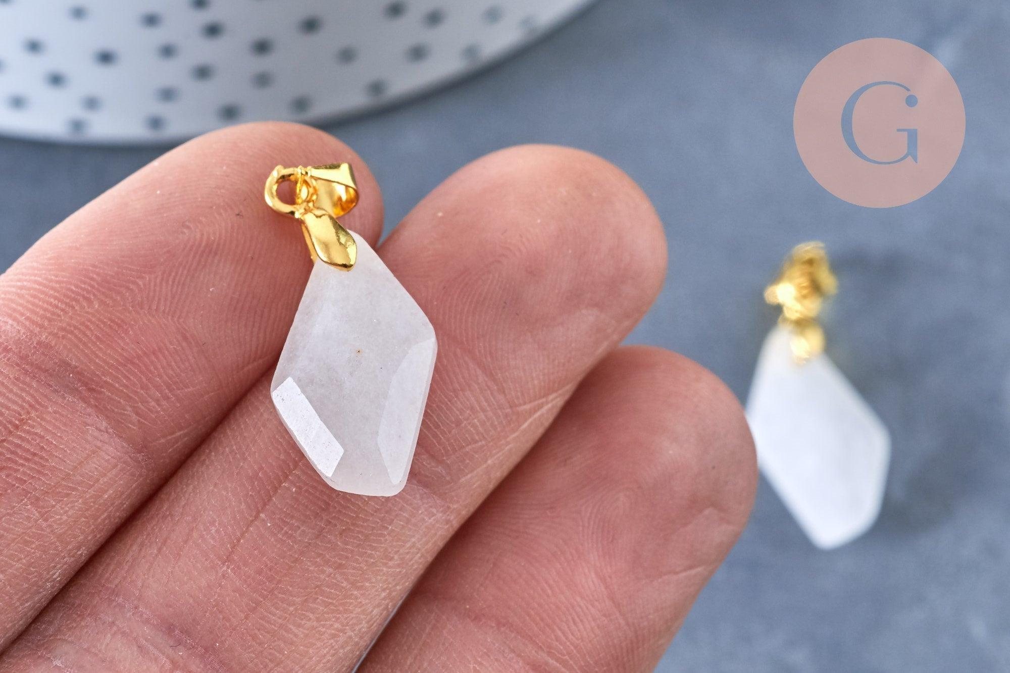 Pendentif polygone facettée jade naturel blanc laiton doré 19,5mm, création bijoux pierre naturelle, x1 G7154