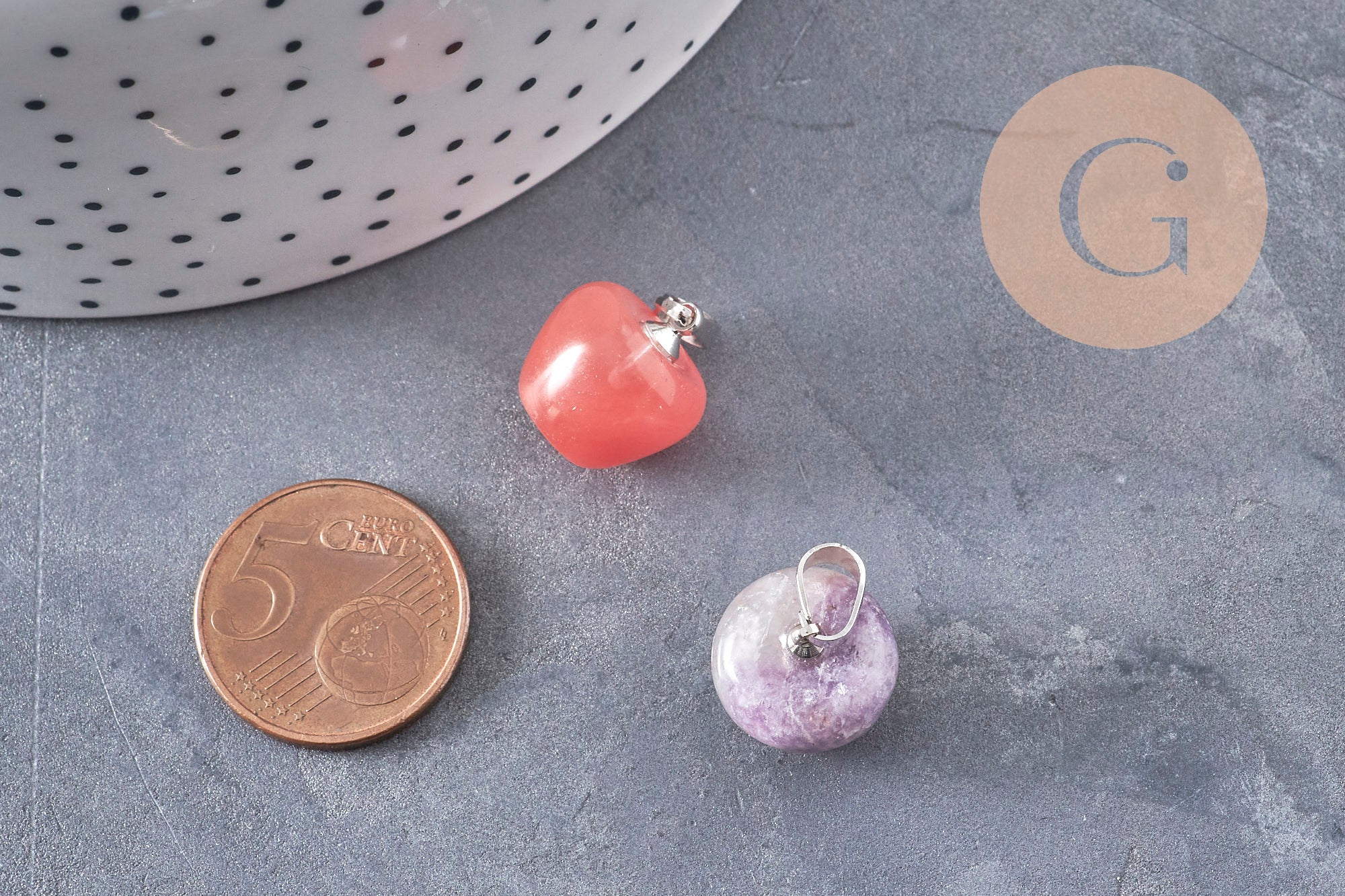 Pendentif pomme pierre naturelle acier inoxydable platine 14-15mm, x1 (G7109)
