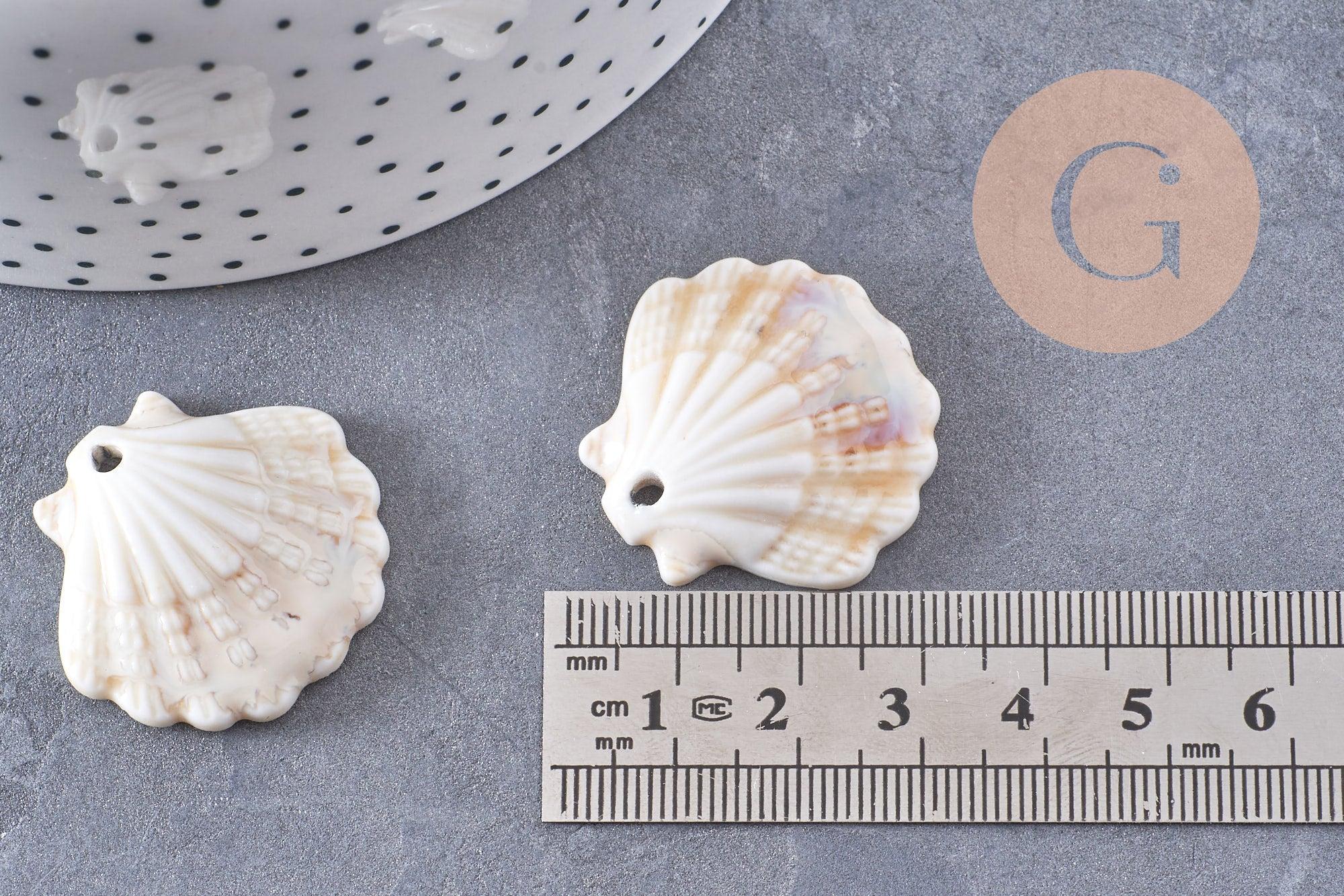 Pendentif porcelaine beige coquillage 30MM, perle céramique géométrique fabrication bijoux céramique blanche, x1 (G3310)