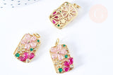 Pendentif rectangle fleurs laiton doré 16k cristal 21.5mm, x1 (G6676)