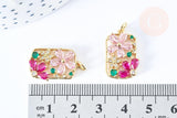Pendentif rectangle fleurs laiton doré 16k cristal 21.5mm, x1 (G6676)