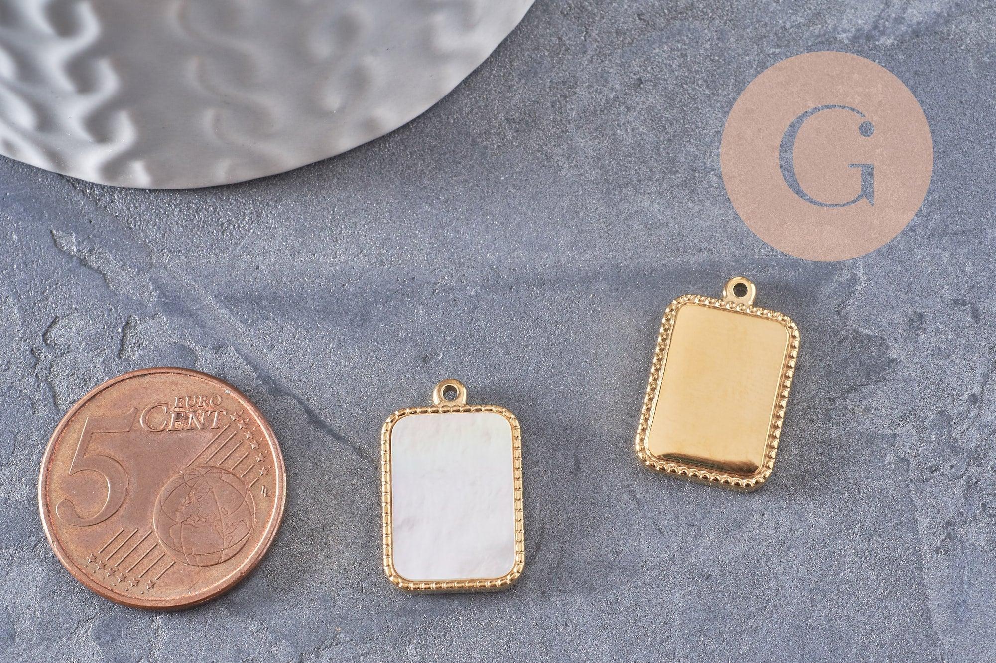 Pendentif rectangle nacre naturelle acier 304 inoxydable doré 14K 18.5mm, x1 (G9935)