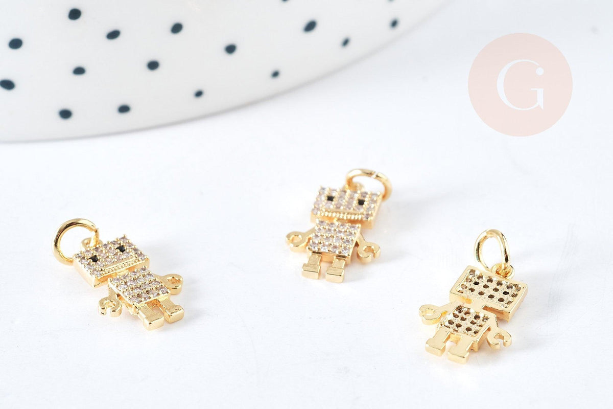 Pendentif robot cristal zircons en laiton doré 18K 14.5mm, breloque doré création bijoux, x1 G8439