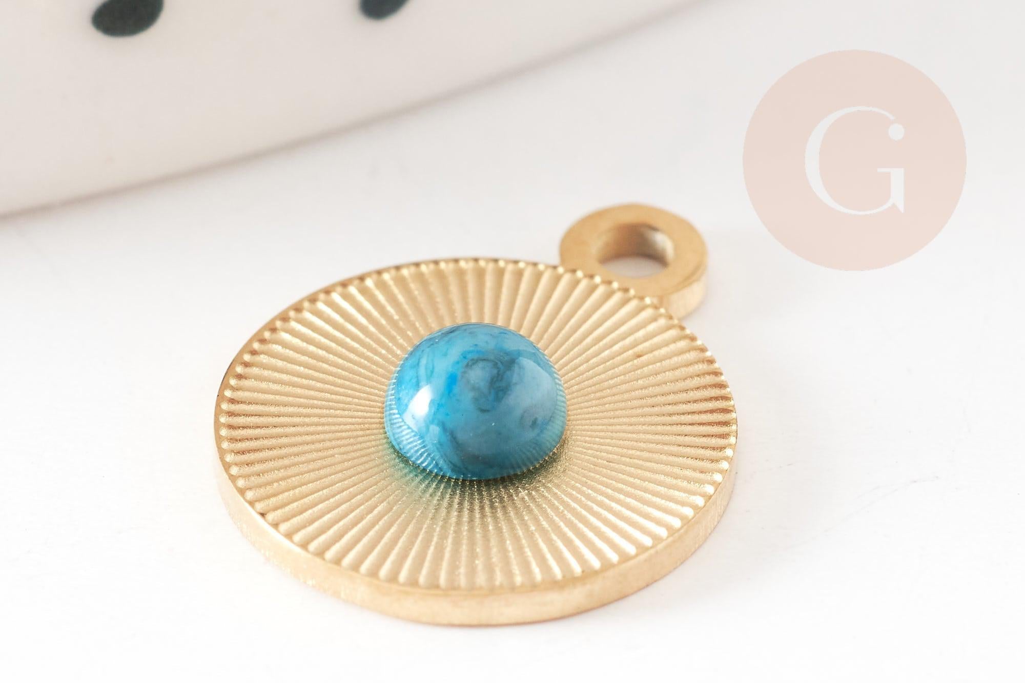 Pendentif rond acier inoxydable 201 doré cabochon turquoise 15mm, x1 (G9281)
