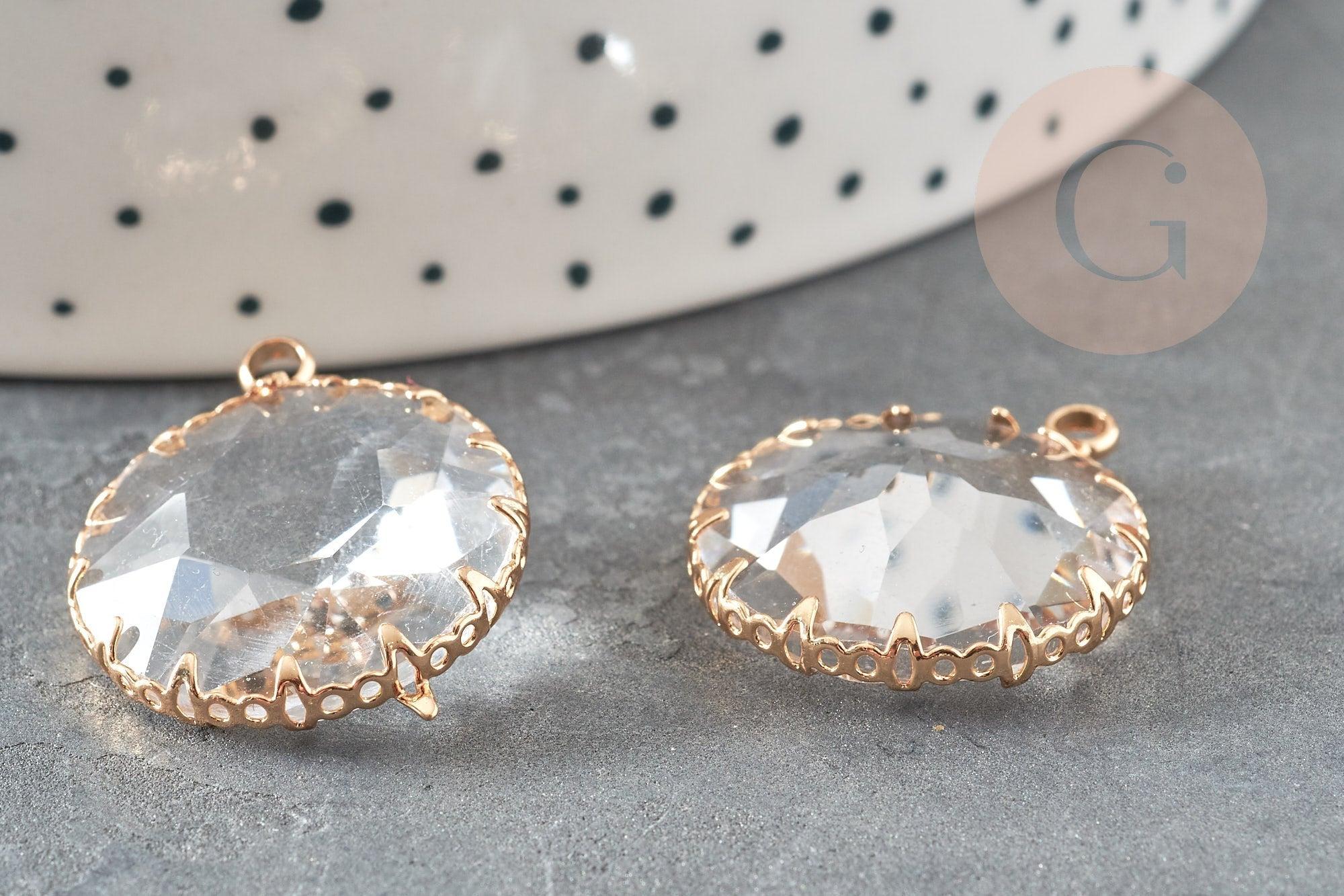 Pendentif rond doré cristal transparent à facettes 25mm, x2 (G2830)