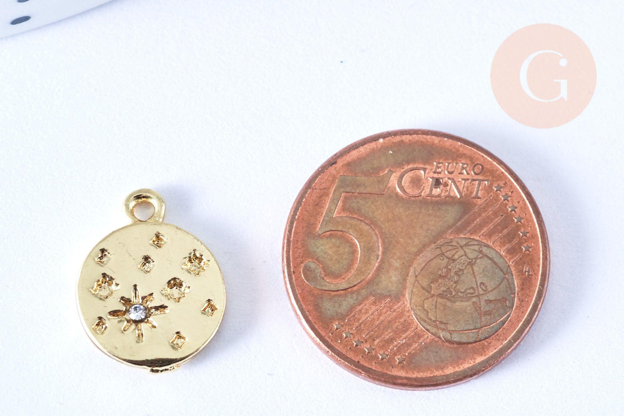 Pendentif rond étoile strass cristal blanc laiton doré 15mm,sans nickel pendentif chance,15mm, x1 (G7114)