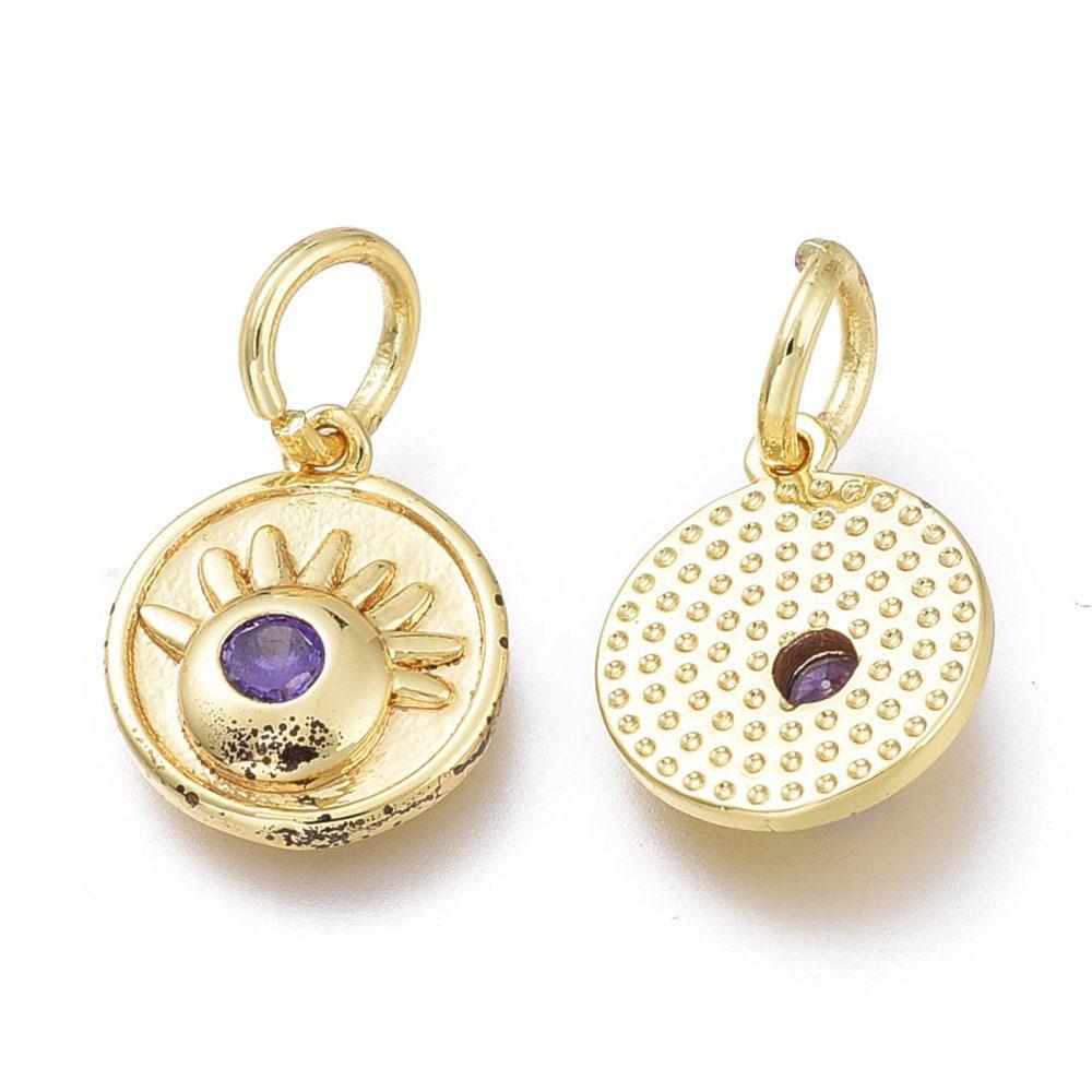 Pendentif rond laiton doré 18K émail oeil protecteur 10.7mm,x1 (G5648)