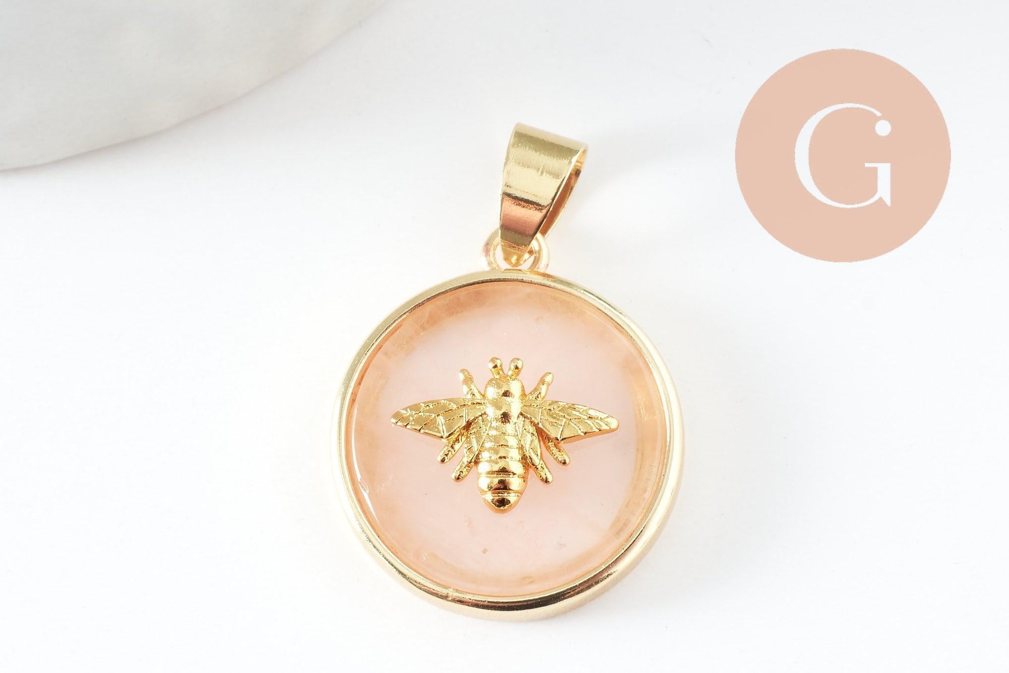 Pendentif rond lapis amazonite quartz rose 21.5mm, x1 (G3159)