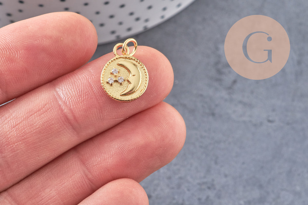 Pendentif rond lune étoiles laiton doré 16K étoile zircon 15.3mm, x1 (G5998)
