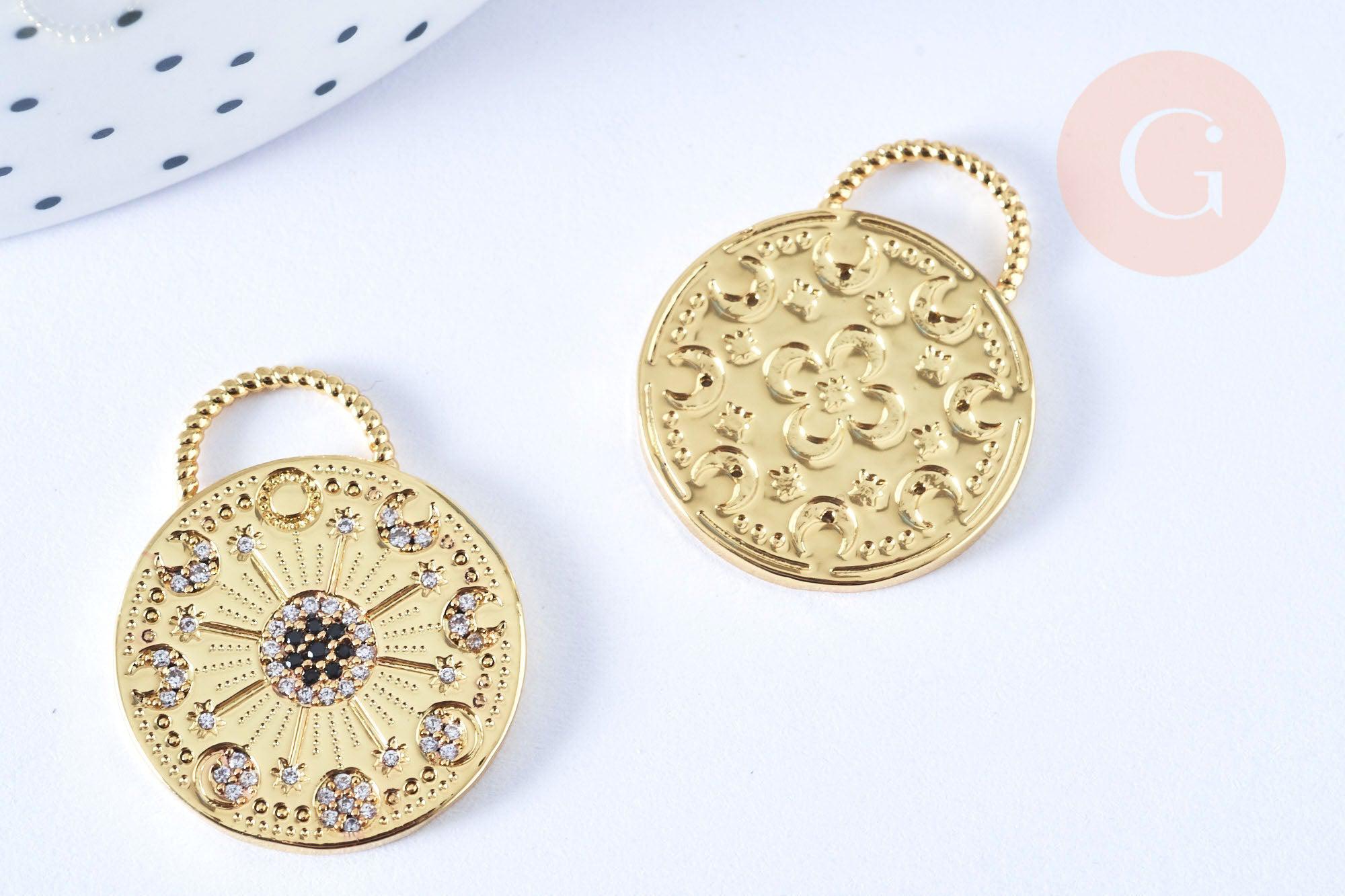 Pendentif rond lune étoiles laiton doré 18K zircon 27.5mm,pendentif doré avec cristaux pour création bijoux, x1 G6969