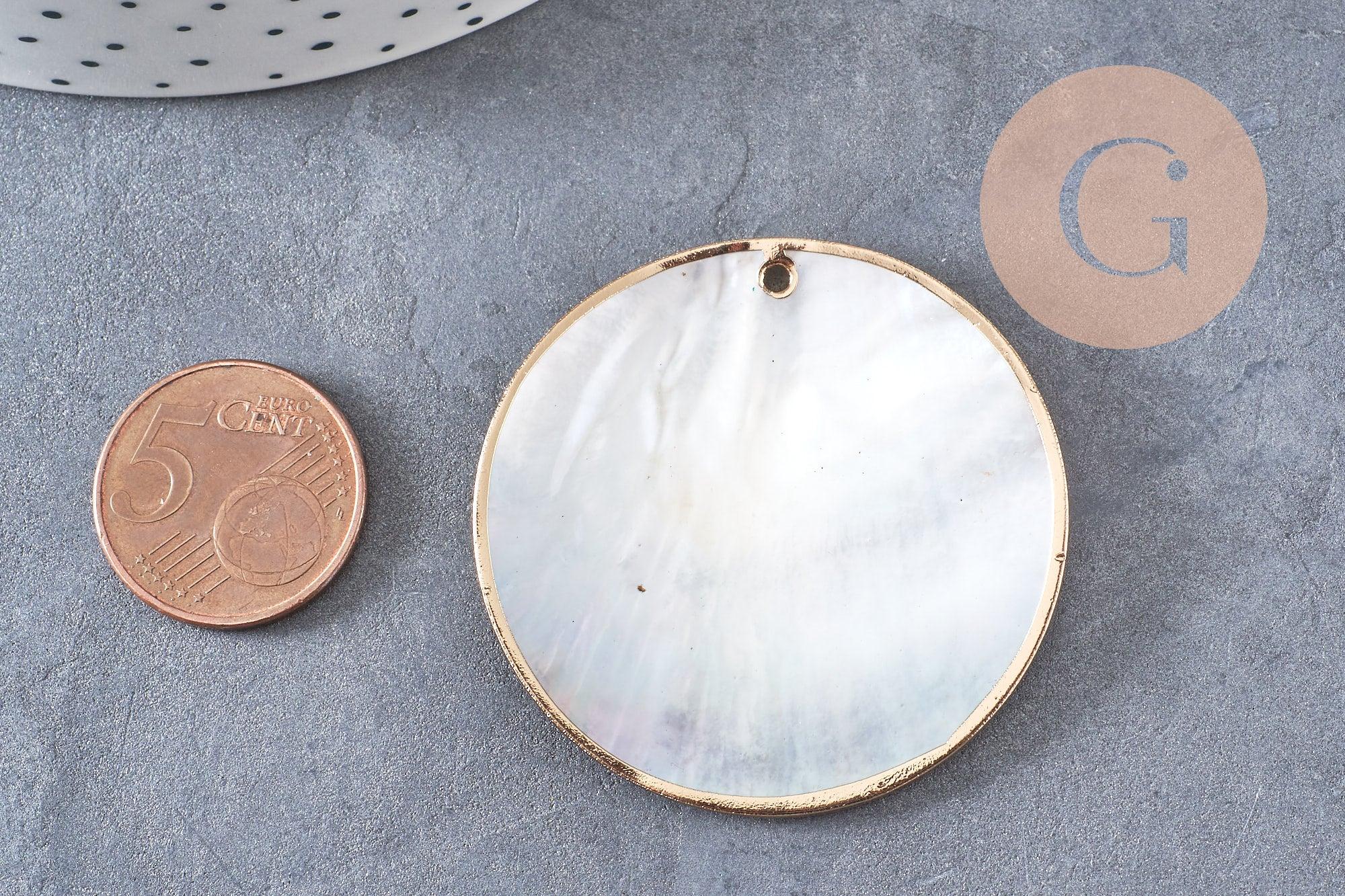 Pendentif rond nacre noire doré, pendentif coquillage, coquillage noir, coquillage naturel,45mm, x1 (G5413)