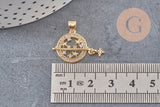 Pendentif rond planète étoiles laiton doré 18K zircons 21mm,pendentif doré création bijoux, x1 (G7388)