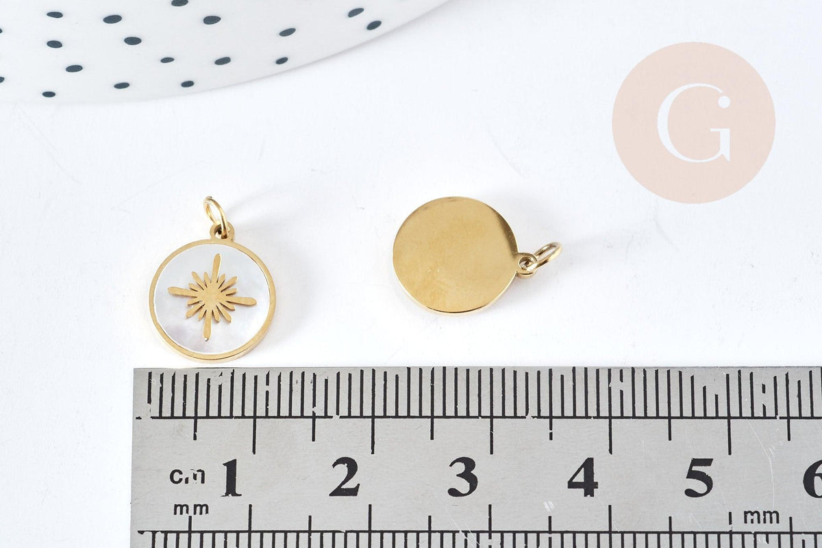 Pendentif rond soleil nacre naturelle acier inoxydable 316 doré 12.5mm, x1 (G8773)
