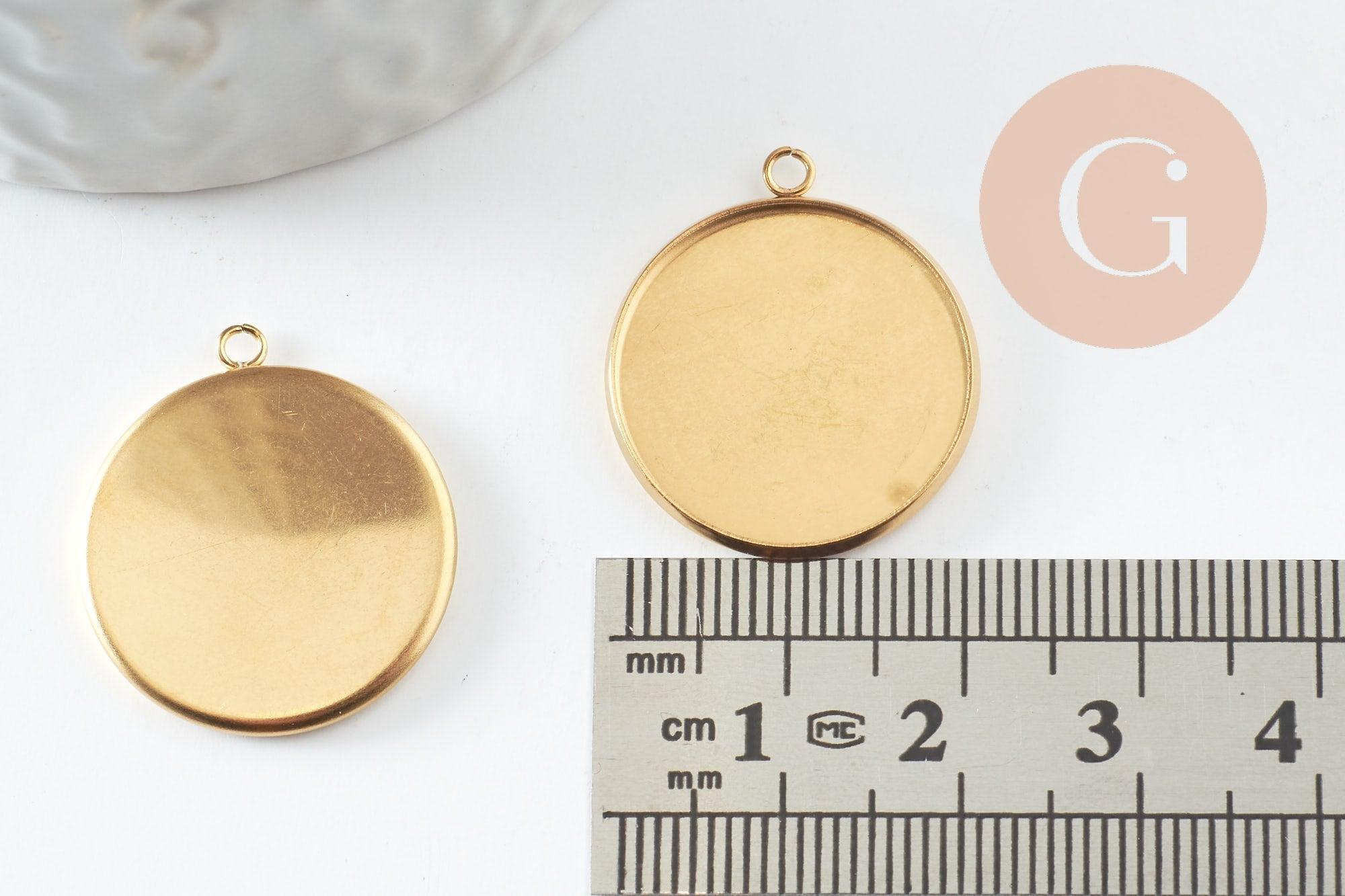 Pendentif rond support cabochon acier 304 inoxydable doré IP 20mm, x1 (G4097)