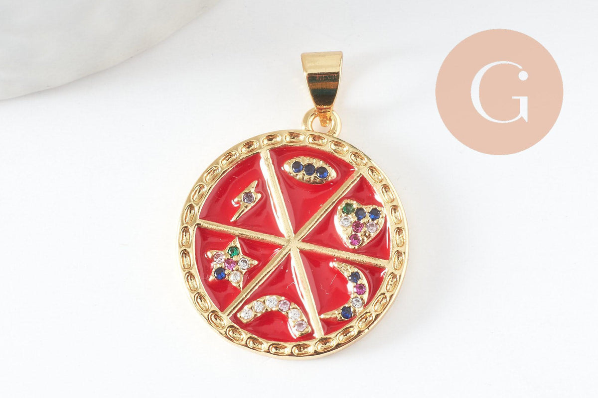 Pendentif rondzodiaque émail laiton doré 22.5mm, x1 (G5334)