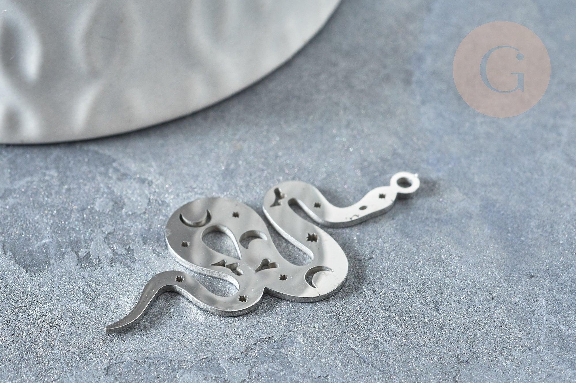 Pendentif serpent lune platine acier inoxydable 32mm, x1 (G7616)