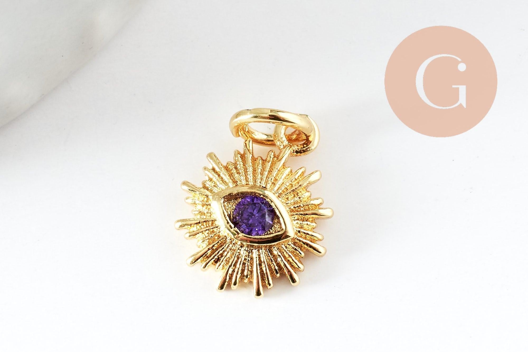 Pendentif soleil laiton doré 18k zircon, pendentif en cristal pour création bijoux porte bonheur pour femme en zircon,12.5mm, x1 (G6195)