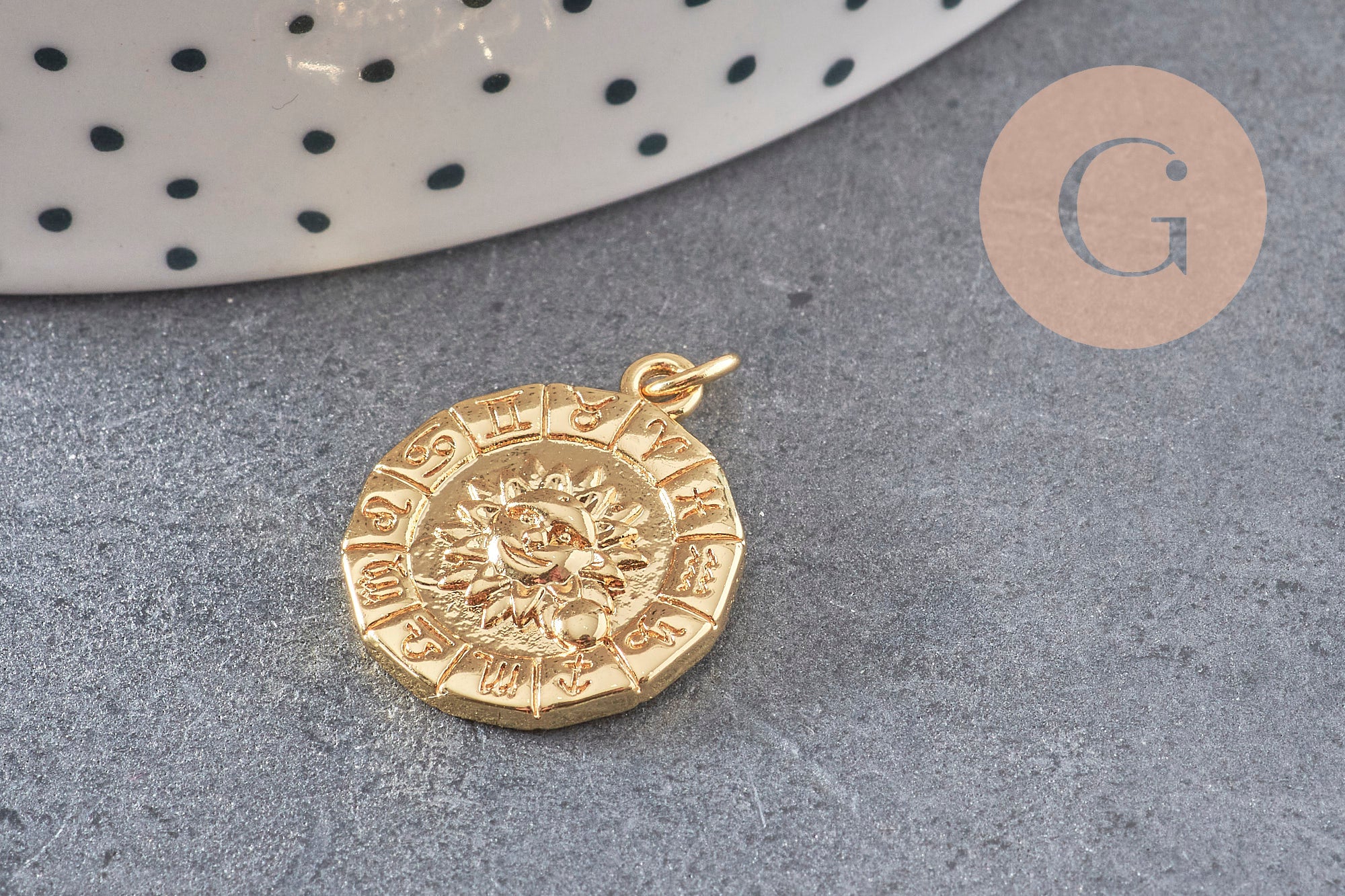 Pendentif soleil zodiaque doré 18K,pendentif doré horoscope,porte-bonheur,laiton doré, Pendentif soleil,21mm, x1 (G3165)