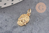 Pendentif tête de mort laiton doré zircons, pendentif sans nickel, pendentif laiton doré,12.5mm, x1 (G5428)