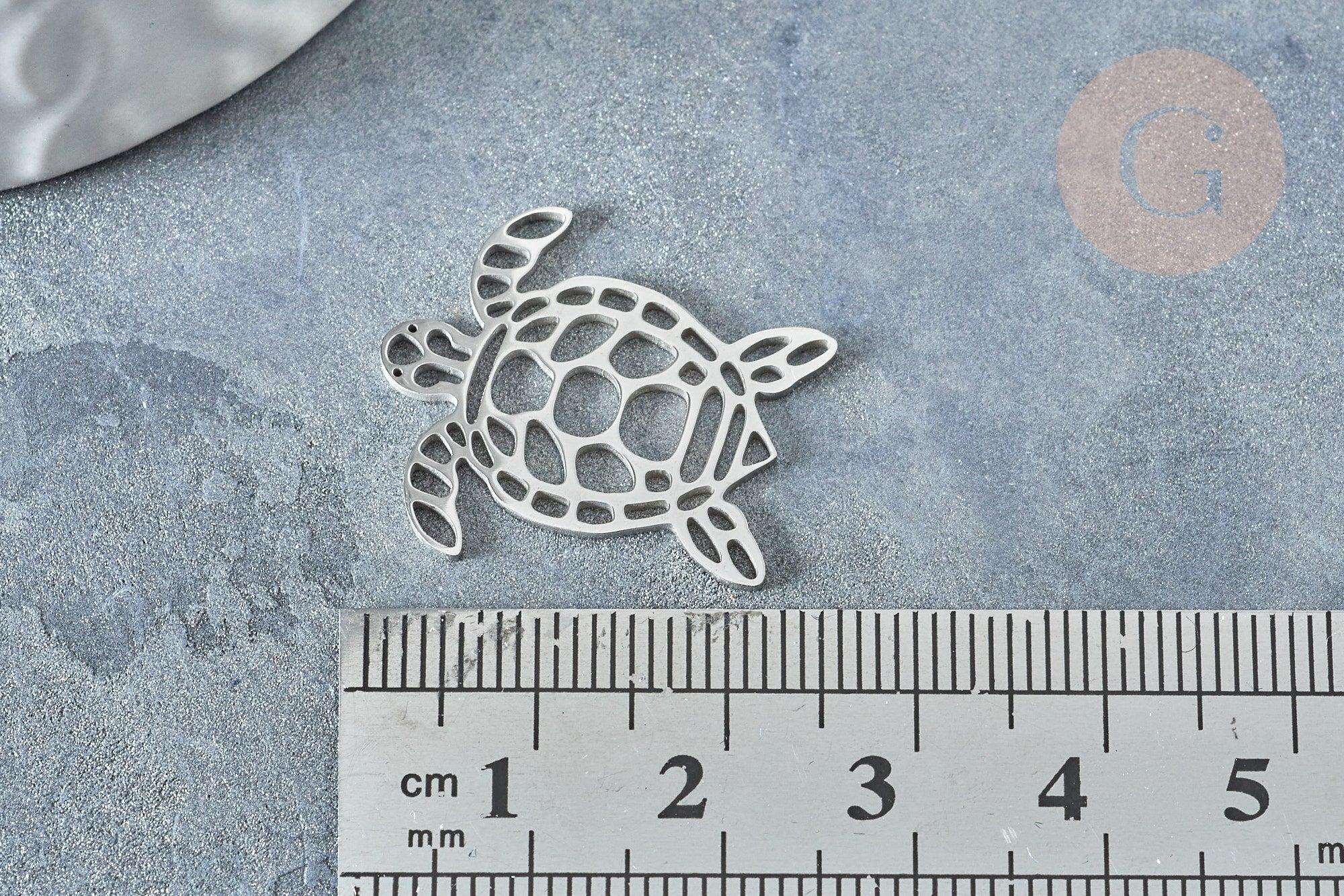 Pendentif tortue argenté acier 201 inoxydable 24mm, x1 (G7615)