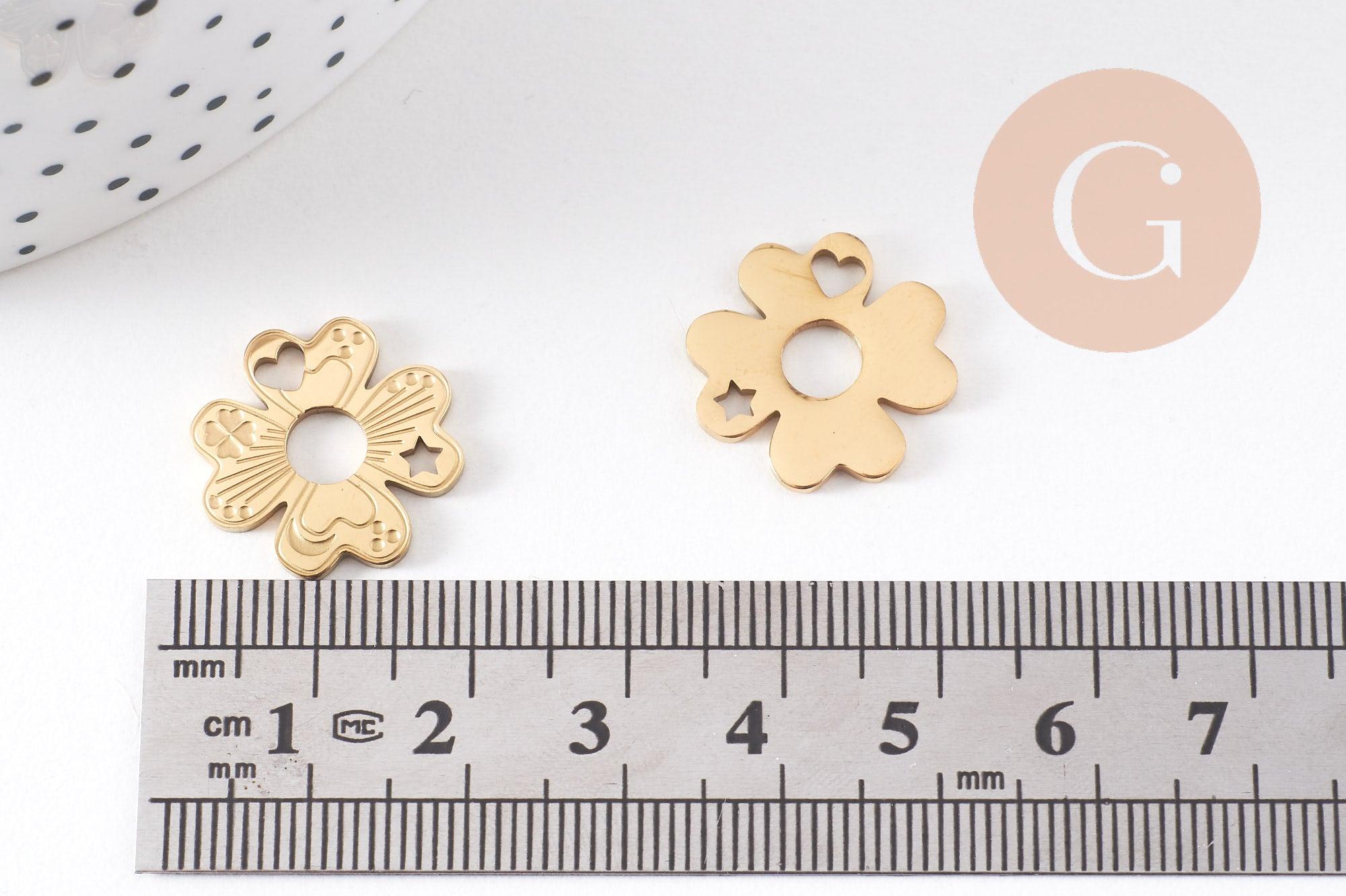 Pendentif trèfle 4 feuilles acier 316 inoxydable doré IP 17mm, x1 (G10507)