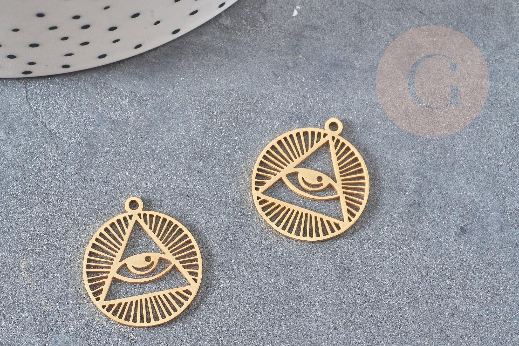 Pendentif triangle oeil protecteur acier 201 inoxydable dore 22mm, x1 (G4607)