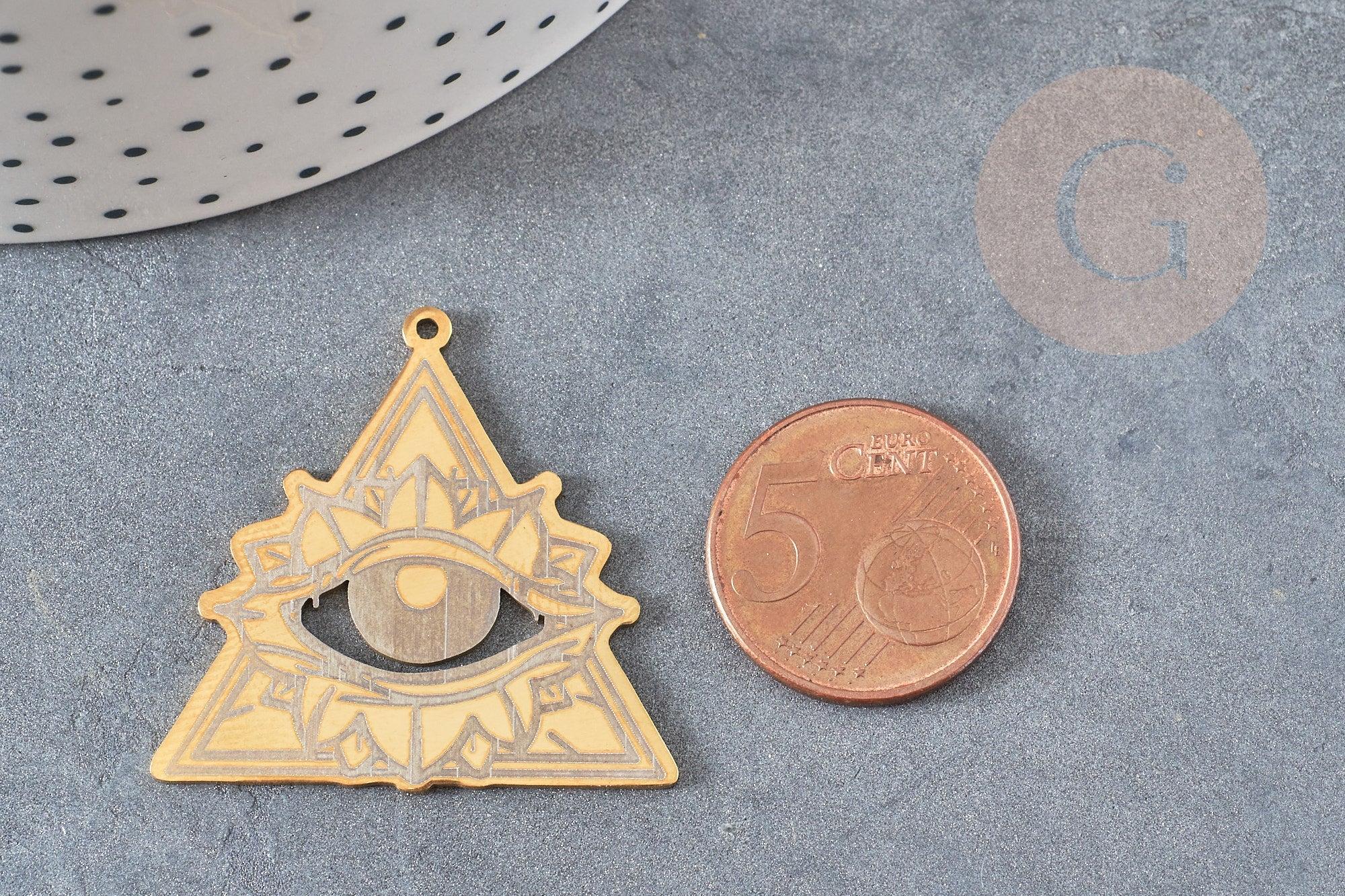 Pendentif triangle oeil protecteur acier 201 inoxydable dore 33.5mm,création bijoux mystique x1 G6036