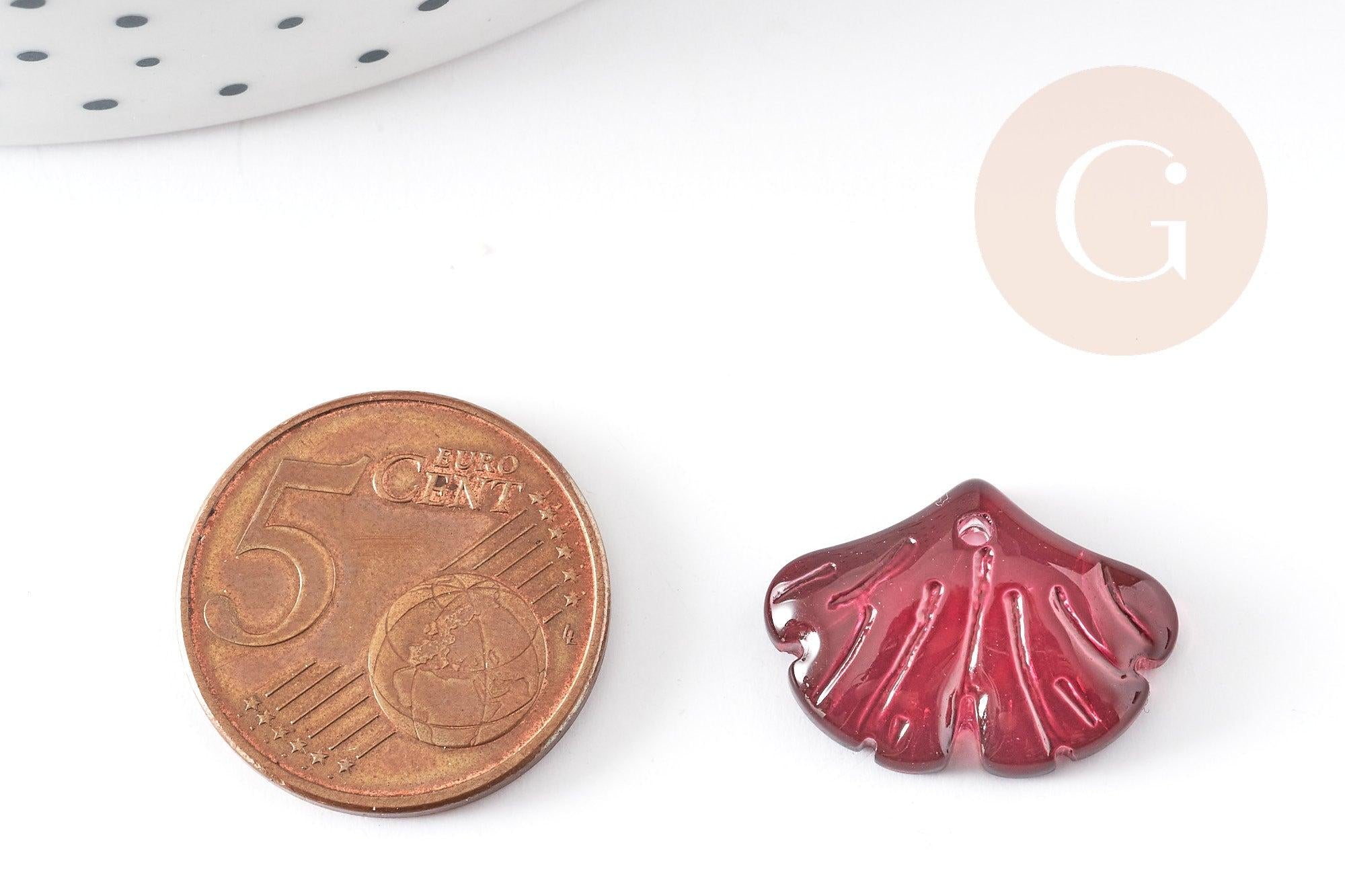 Pendentif verre fuchsia feuille gingko,pendentif verre pour création bijoux, 15x20mm, x10 (G4702)