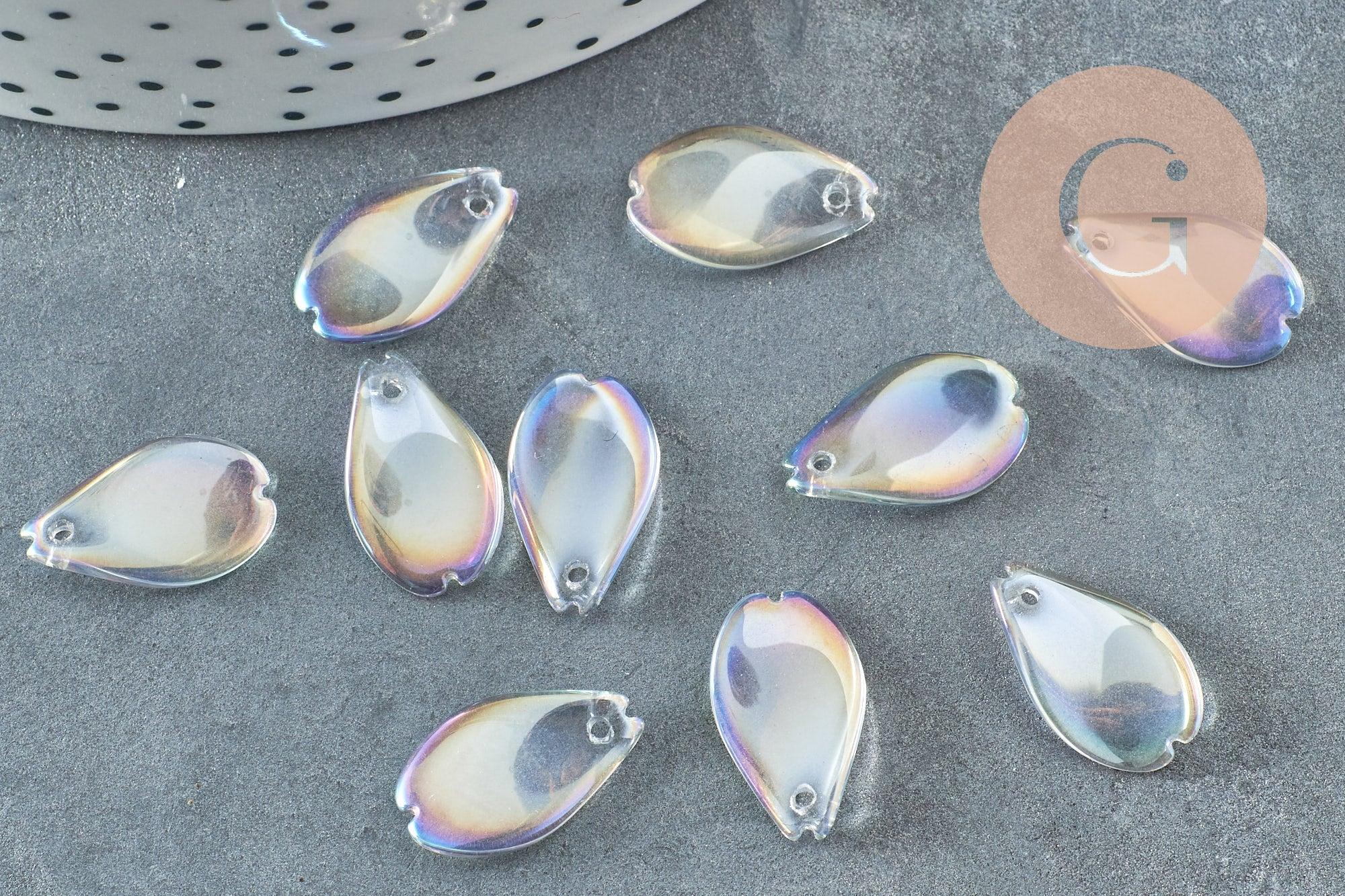 Pendentif verre transparent irisé goutte,pendentif verre, 16mm,x10 (G4145)